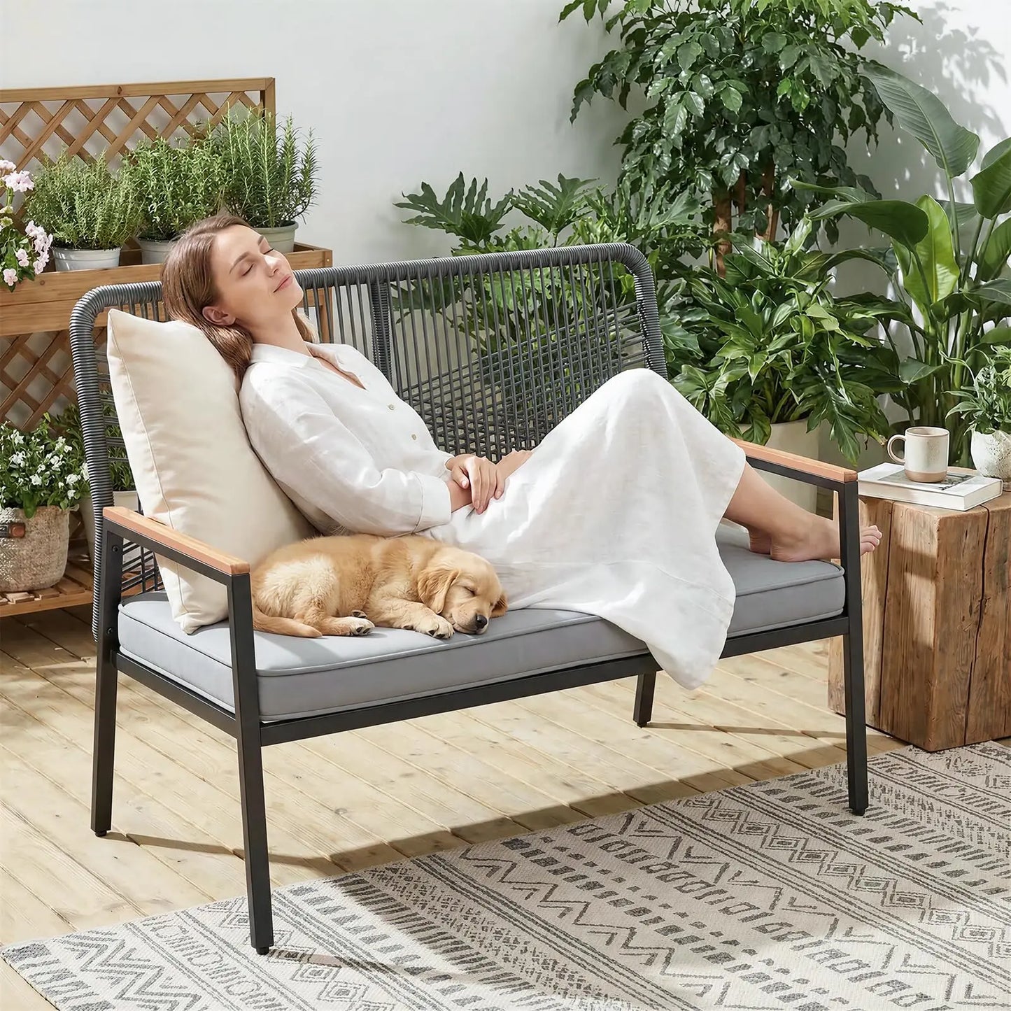 Modern Rattan Patio Loveseat With Cushion And Metal Frame