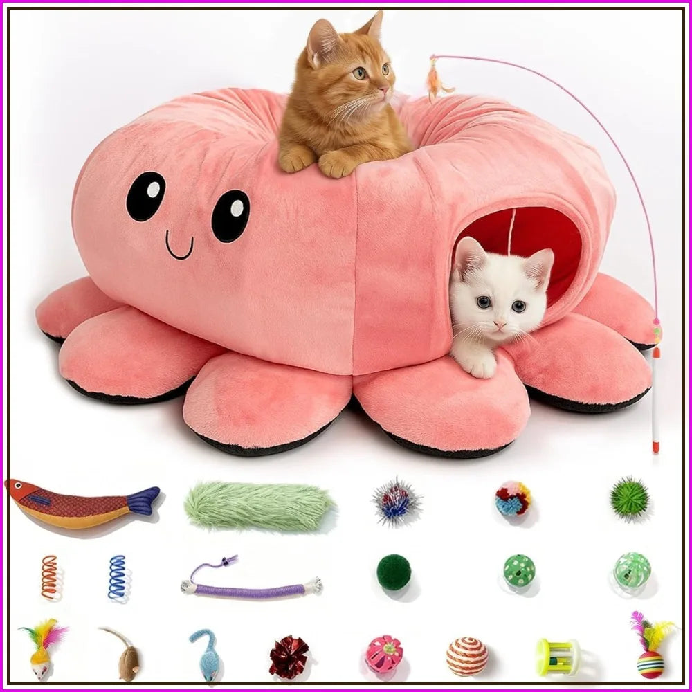 Cat Tunnel Bed with 20 Cat Toys, Collapsible Play Tunnel for Indoor Kittens, Octopus Shaped