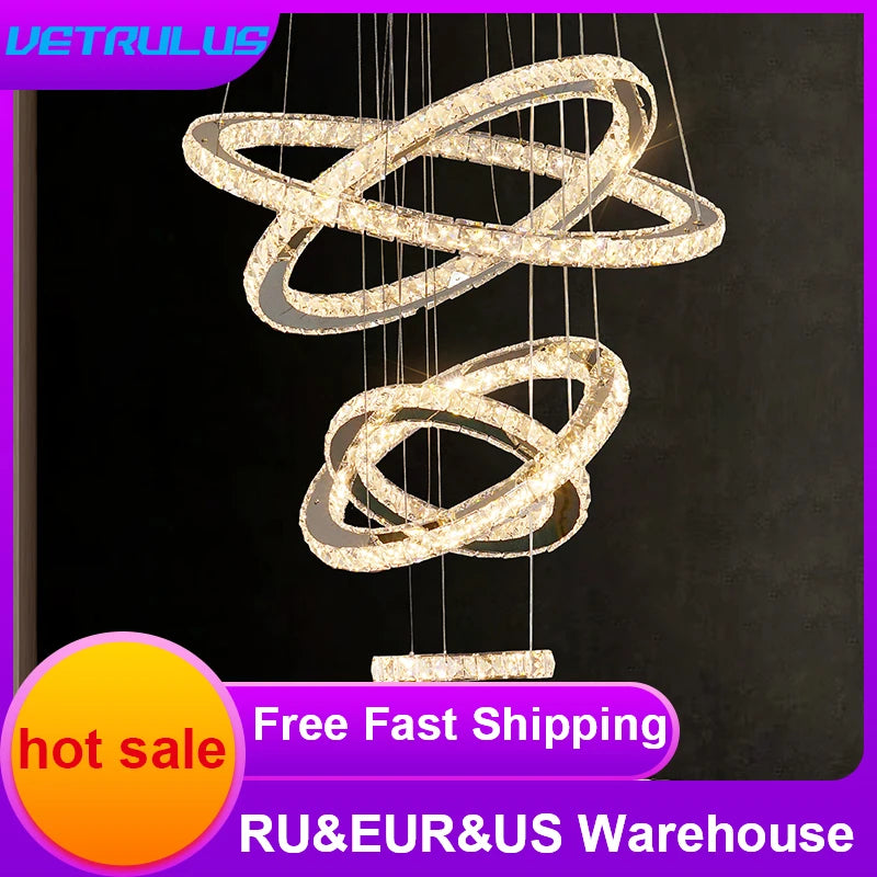 Modern Pendant Light Chandelier K9 Crystal Led Ring Luxury Nordic Ceiling Lamp Lustre Living Dining Room Hall Hang Decor Fixture