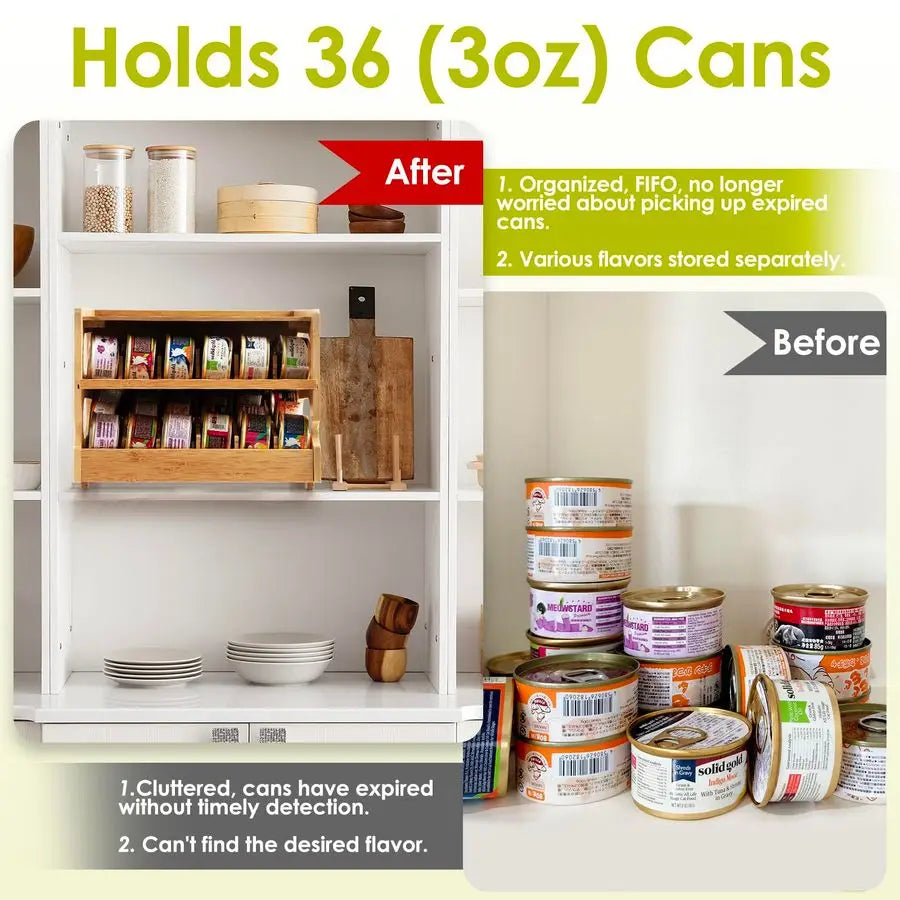XMSJ Cat Food Can Organizer Bamboo Pantry Storage 36Cans
