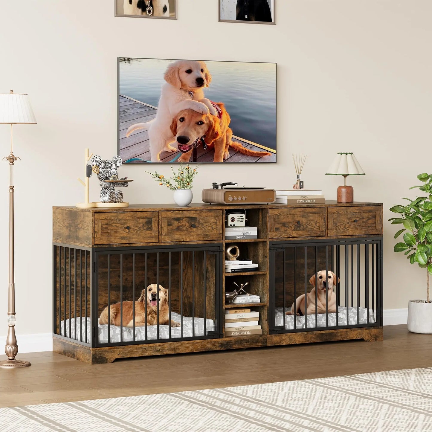 HiMISS Heavy Duty Double Dog Crate TV Stand With Drawers