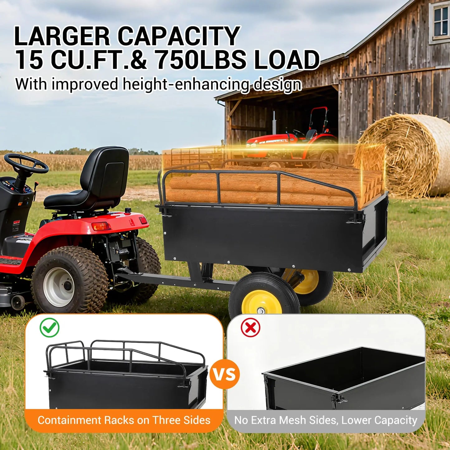 HiMISS Steel Dump Cart ATV Utility Trailer With Removable Sides