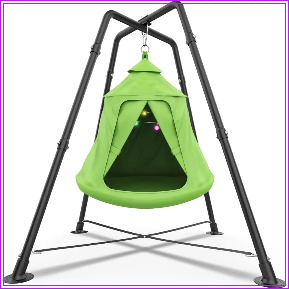 X-Shaped Swing Frame with Tent Swing, Sensory Swing & Hammock Chair, 330 lbs Capacity, Rainbow Lights, Indoor/Outdoor (Green)