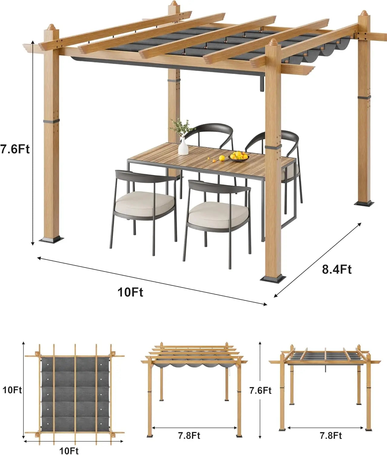 HiMISS Outdoor Pergola With Retractable Canopy Faux Wood Grain Aluminum