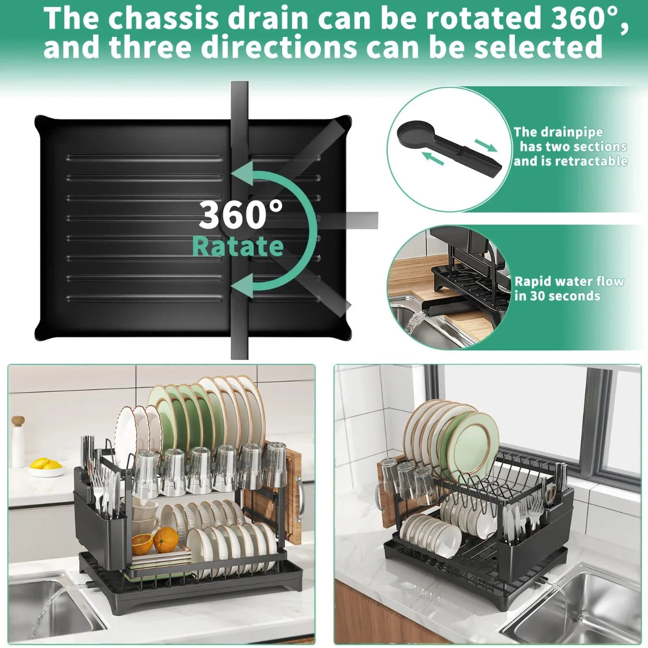 DIAMRI 2 Tier Rotating Dish Drying Rack 360 Degree Swivel