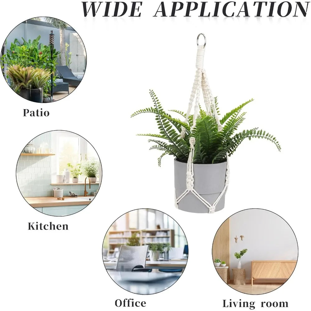 Boho Macrame Plant Hanger 2 Pack, 20" Ivory Cotton Rope Hanging Planter Basket with Metal Hook Rings for Indoor Outdoor Decor
