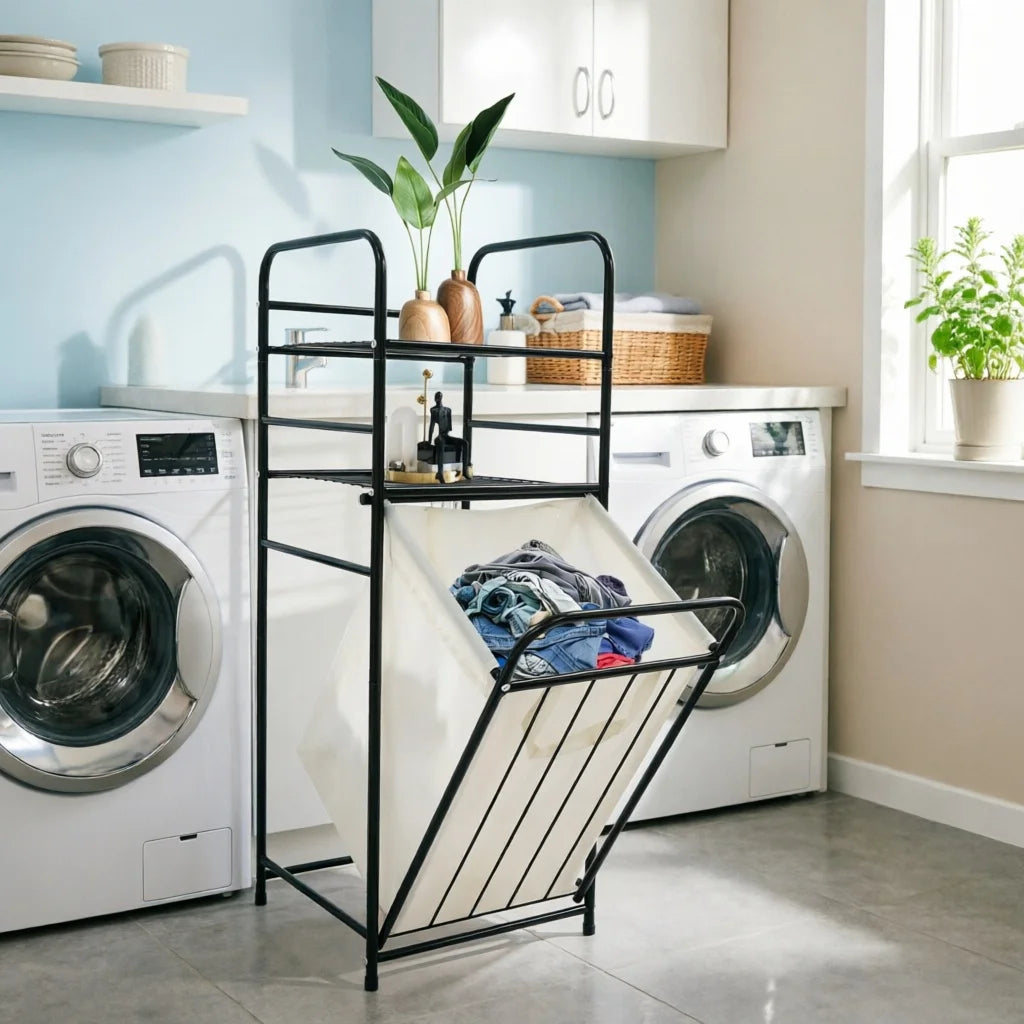 Tilt Out Laundry Hamper With Shelves And Removable Liner Bag