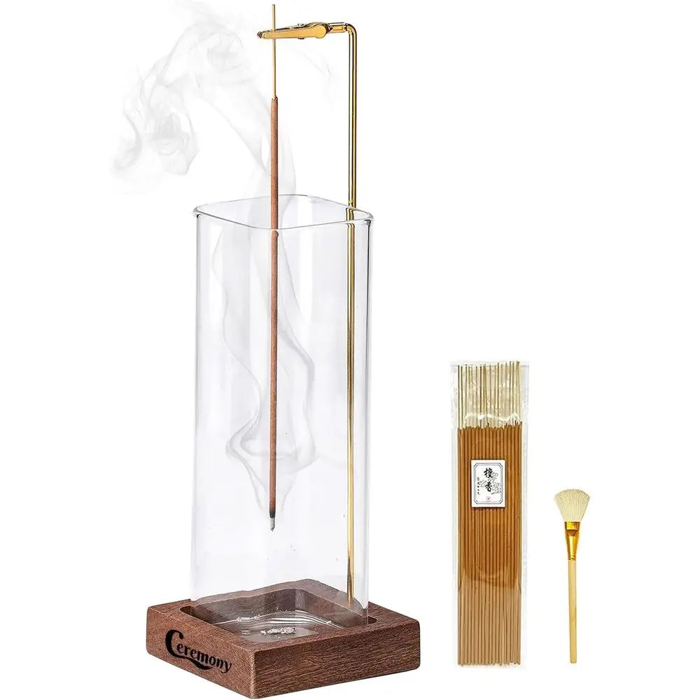 Incense Holder, Wooden Sticks with Glass Ash Catcher, Anti-ash Burner with 20 Incense Sticks and Ash Brush, Meditation Yoga Spa