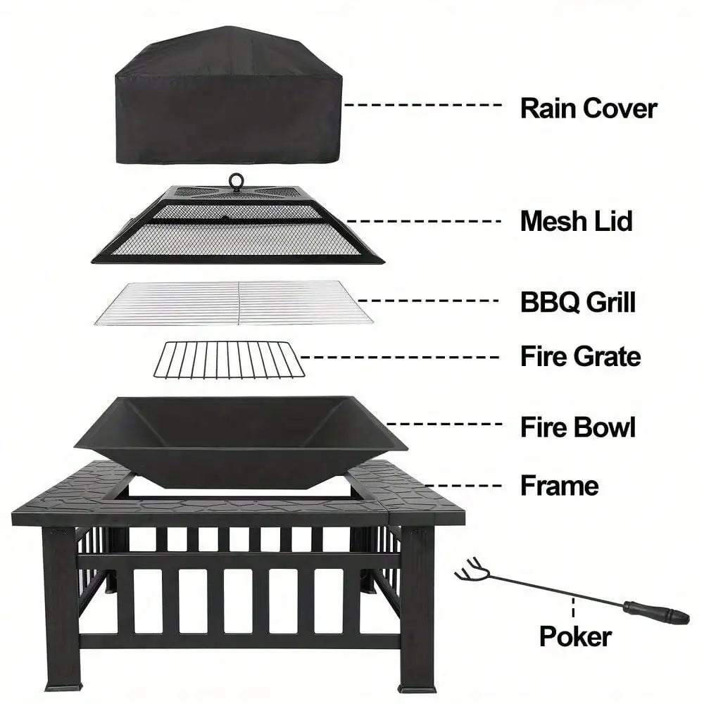 Metal Square Fire Pit For Backyard Patio Garden With Cover