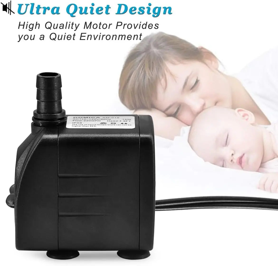 220GPH Ultra Quiet Fountain Pump (15W 800L/H), Small Submersible Pump for Pond, Water Feature, Aquariums, Fish Tanks, Hydroponic