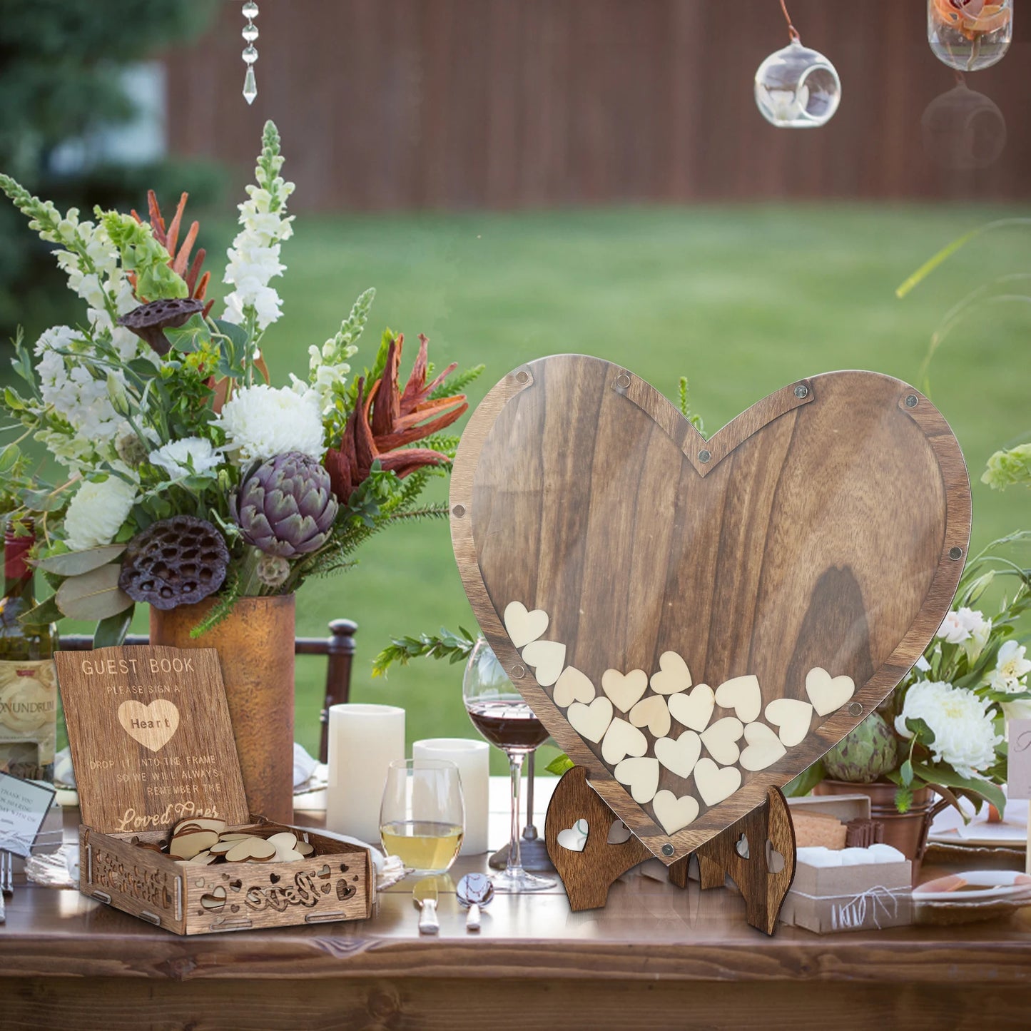 Rustic Wooden Wedding Guest Book Heart Shaped Message Card Rack