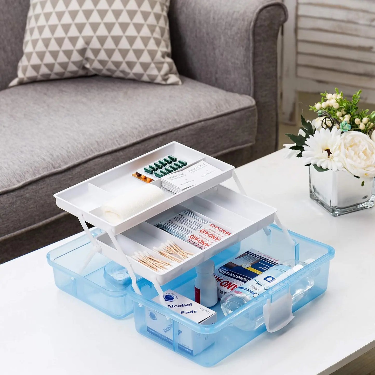 Plastic Storage Box With Handle Latching Lid Expandable Trays