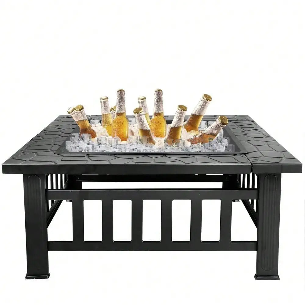 Metal Square Fire Pit For Backyard Patio Garden With Cover