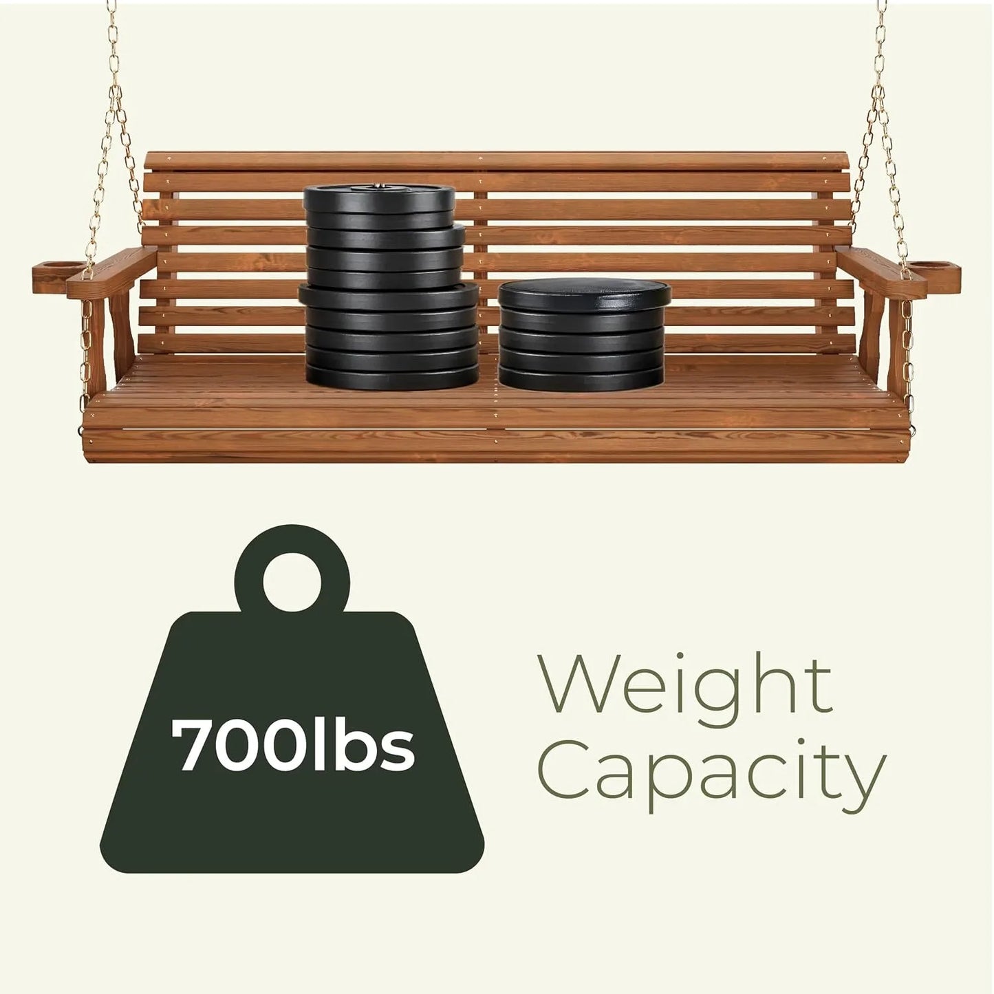 Heavy Duty 700LBS 4FT Wooden Porch Swing, Roll Back Design & Cup Holders for Outdoor, Custom