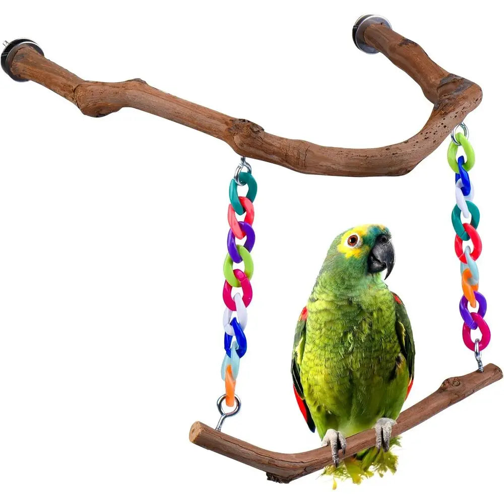 Standing Bird Perch with Natural Grape Wood, Hangable Birdcage Accessories, Birds Chewing Toy for Budgerigars, Parakeets, Cockat