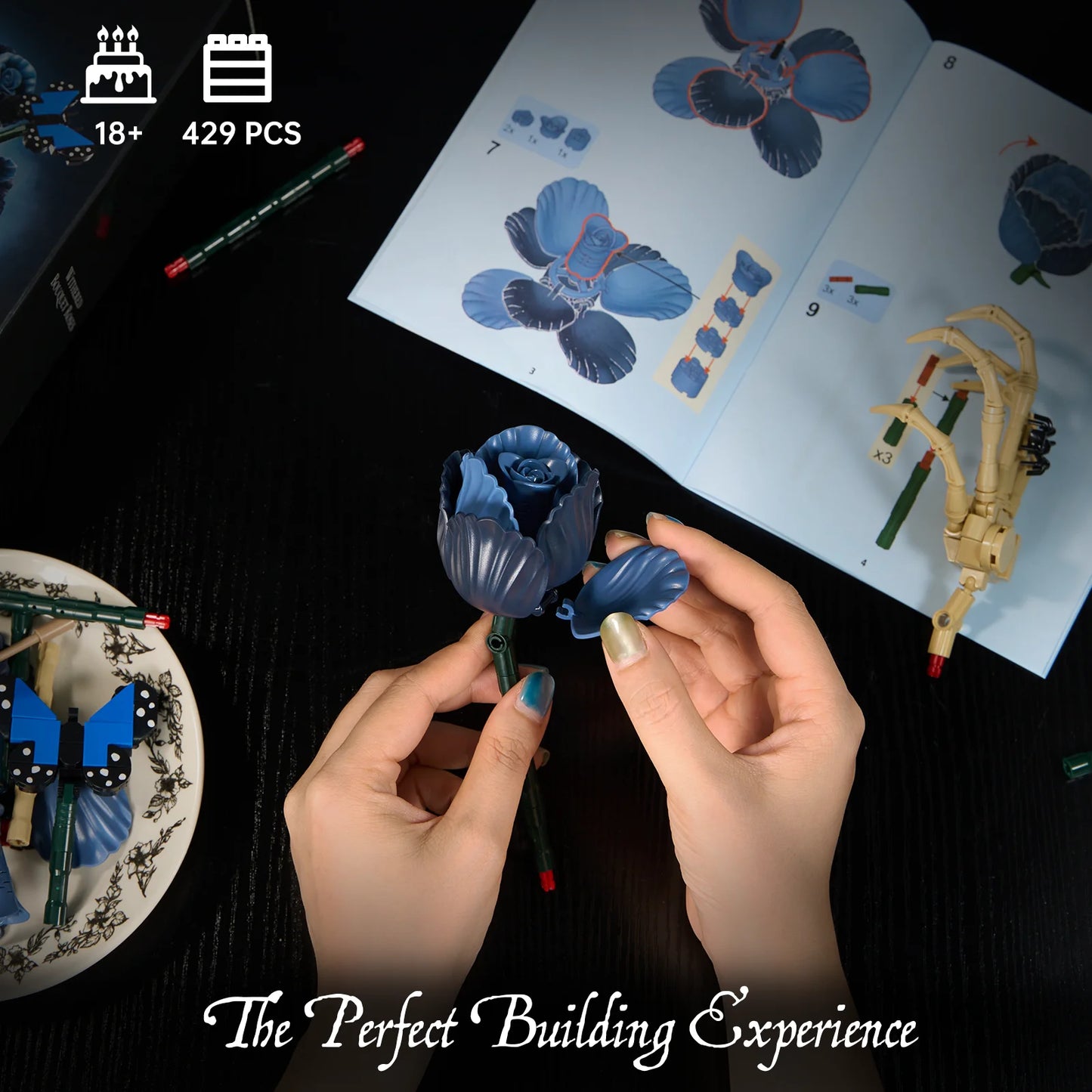 Corpse Bride Bouquet Building Blocks Set Blue Rose Flower Model