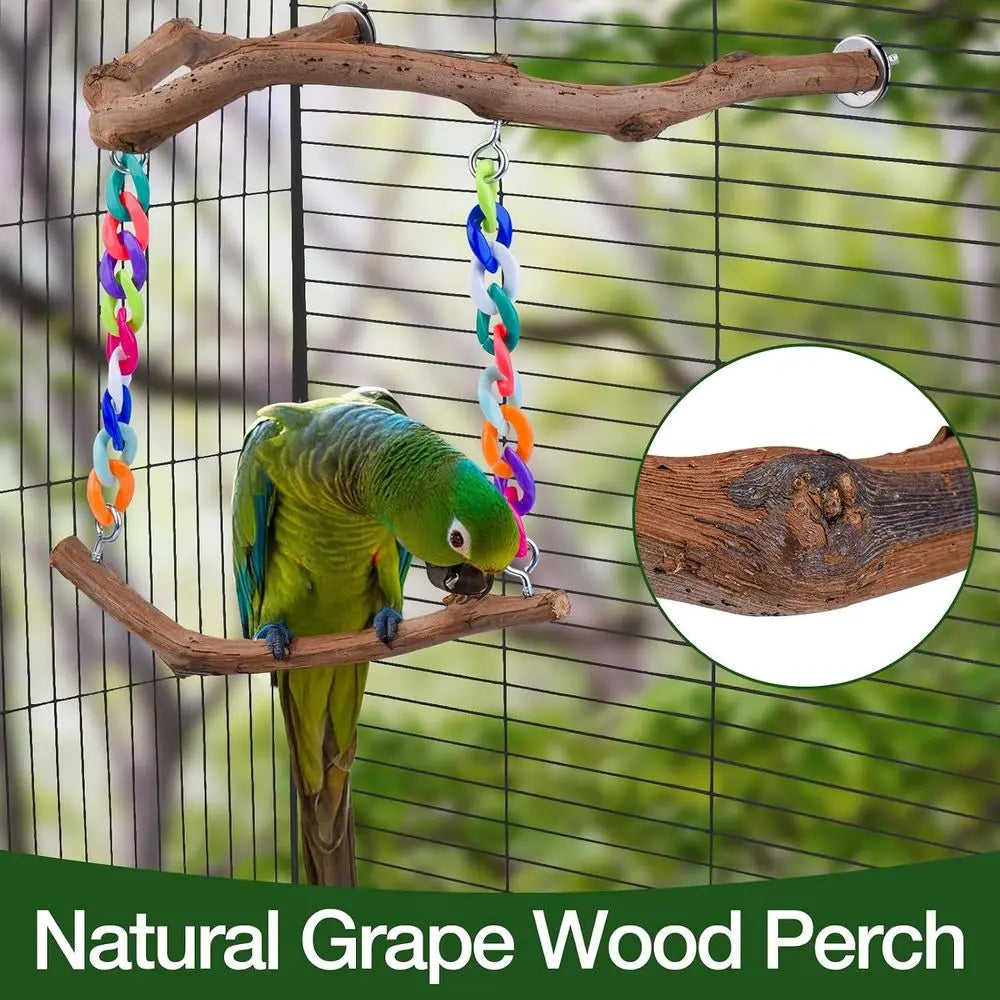 Standing Bird Perch with Natural Grape Wood, Hangable Birdcage Accessories, Birds Chewing Toy for Budgerigars, Parakeets, Cockat