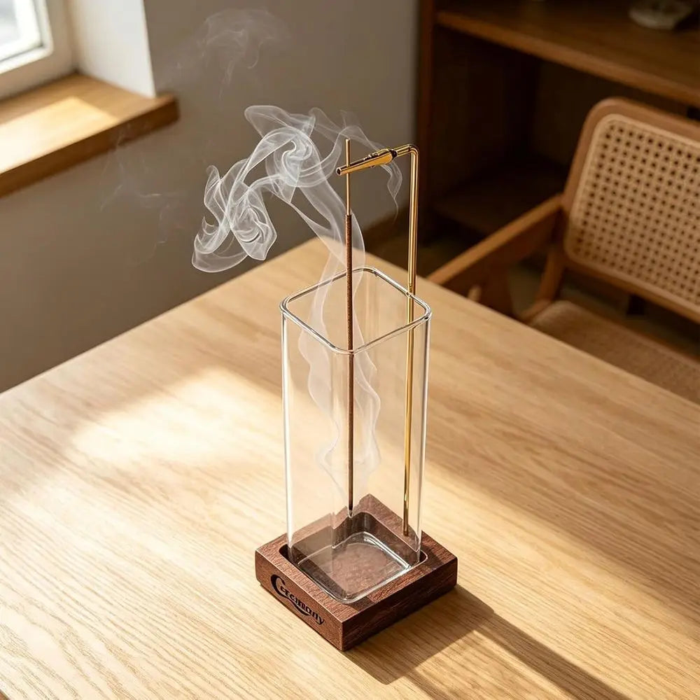 Incense Holder, Wooden Sticks with Glass Ash Catcher, Anti-ash Burner with 20 Incense Sticks and Ash Brush, Meditation Yoga Spa