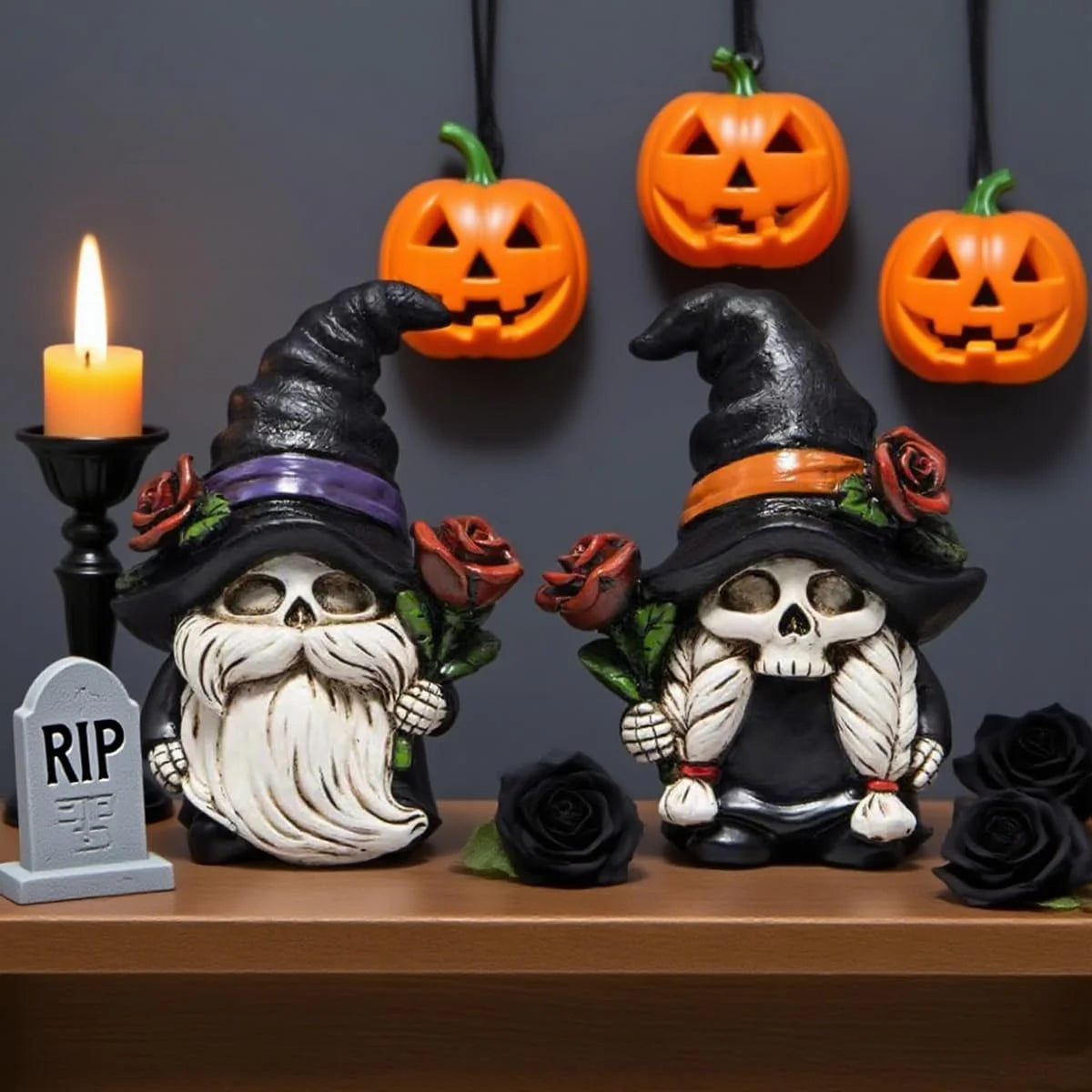 Hodao Resin Halloween Skull Gnome Couple Figurines for Gothic Decor
