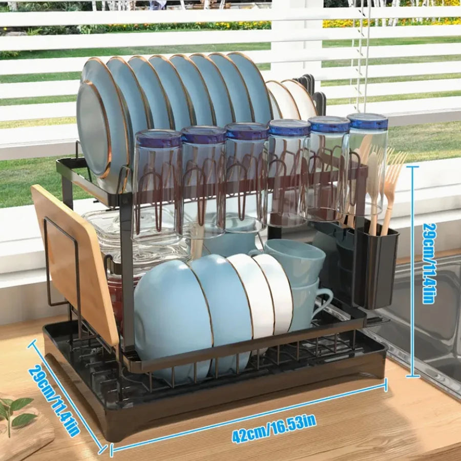Rustproof 2-Tier Space-Saving Dish Rack With Drainboard Utensil Cup Holder
