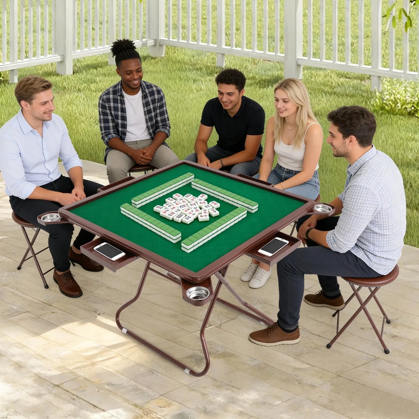 Mahjong Table with 4 Cup Holders & 4 Drawers for 4 People, Foldable Mahjong Table, Portable Mahjong Table, 34.65*34.65*28.74in