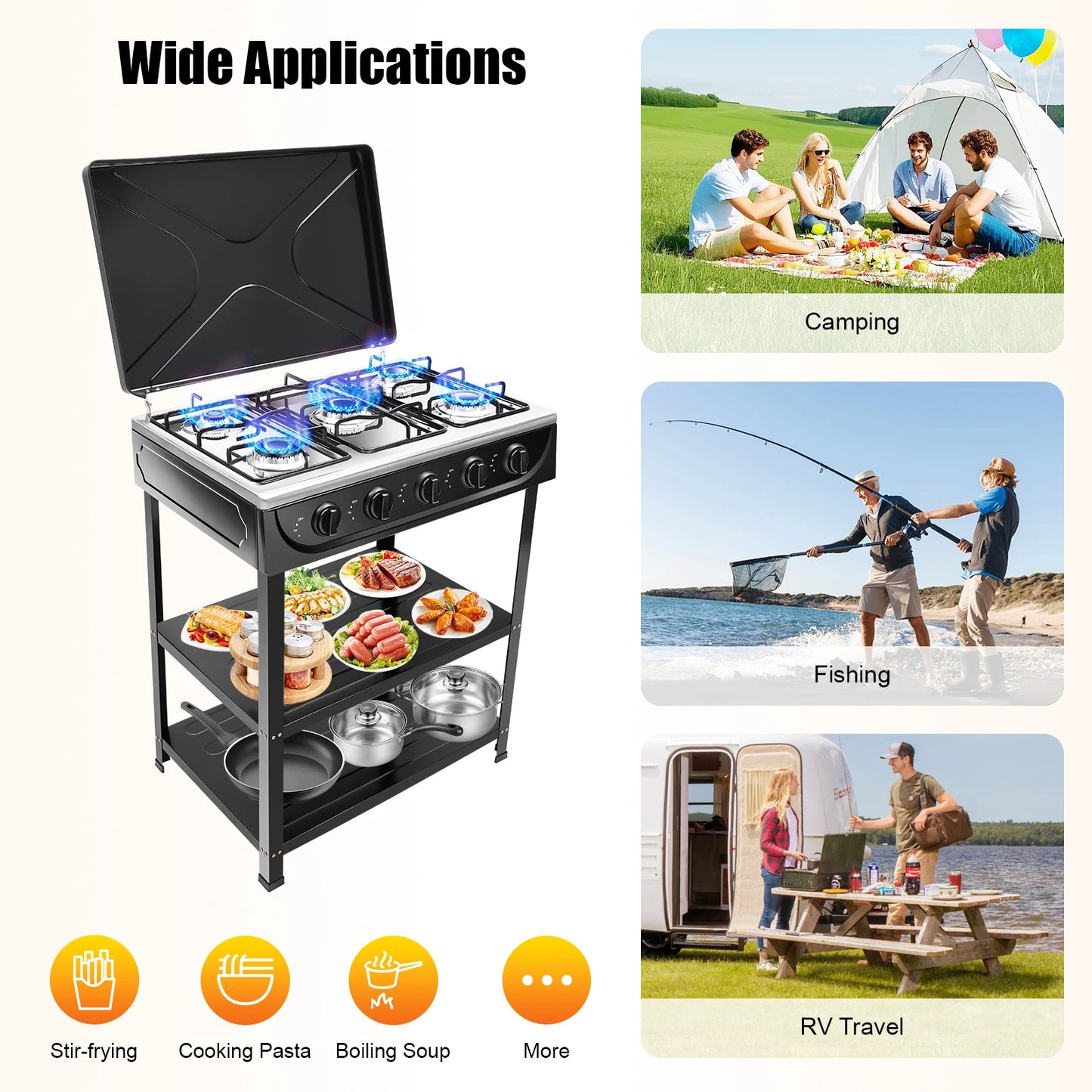 5-Burner Outdoor Natural Gas Stove, 2.5KW Each Burner, Freestanding Camping Stove with Side Shelves & Cover, Manual Ignition