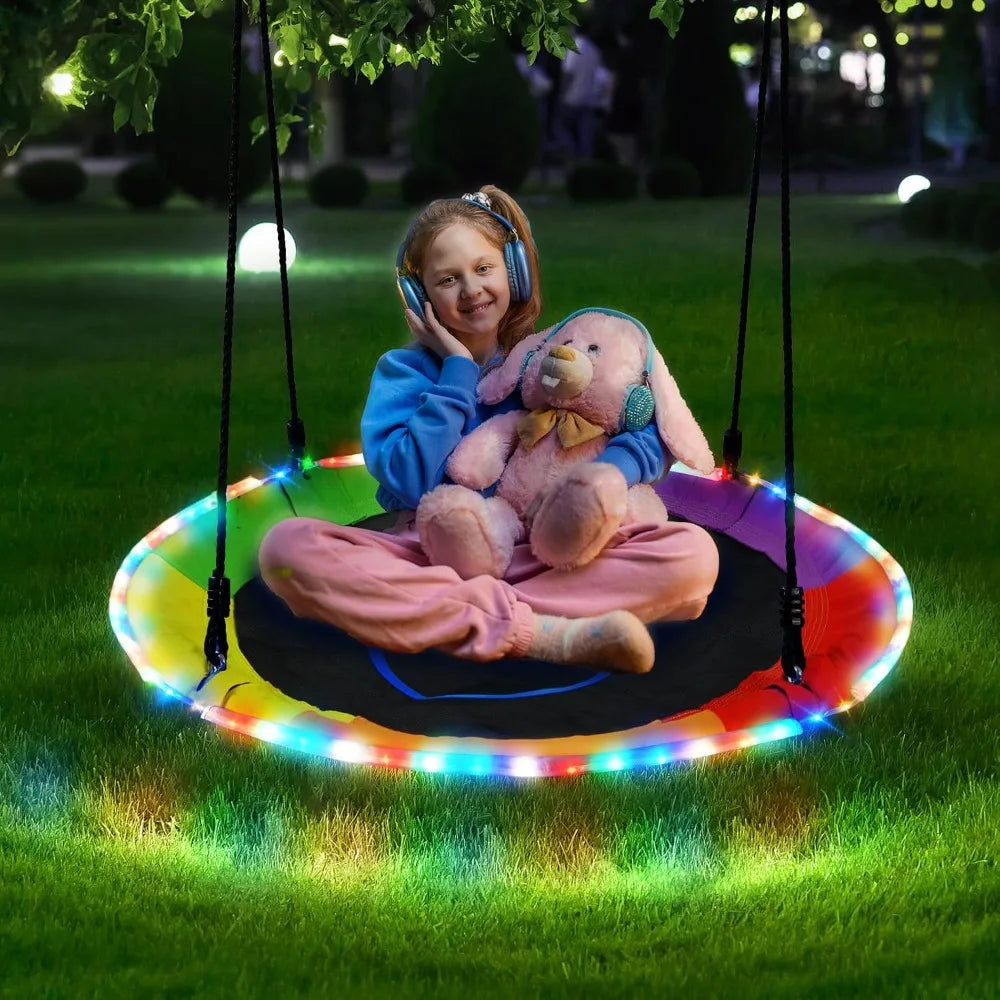 700lbs 40" Saucer Tree Swing with LED Lights, 2 Tree Hanging Straps - Rainbow