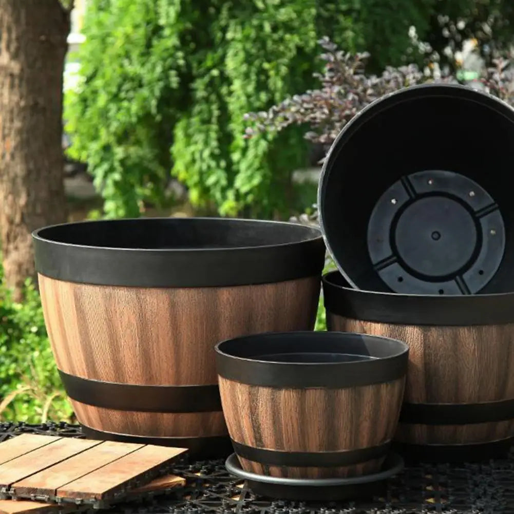 Rustic Farmhouse Whiskey Barrel Planter Plastic Flower Pot Drainage Holes