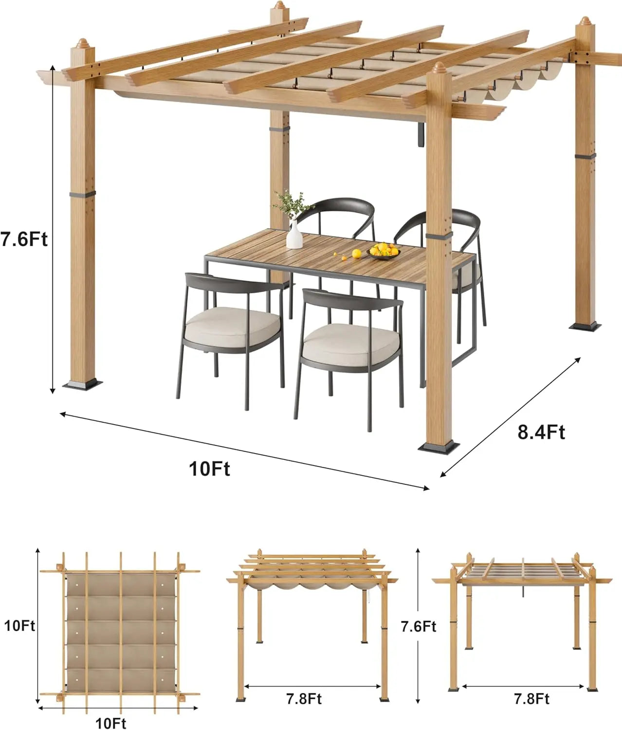 HiMISS Outdoor Pergola With Retractable Canopy Faux Wood Grain Aluminum