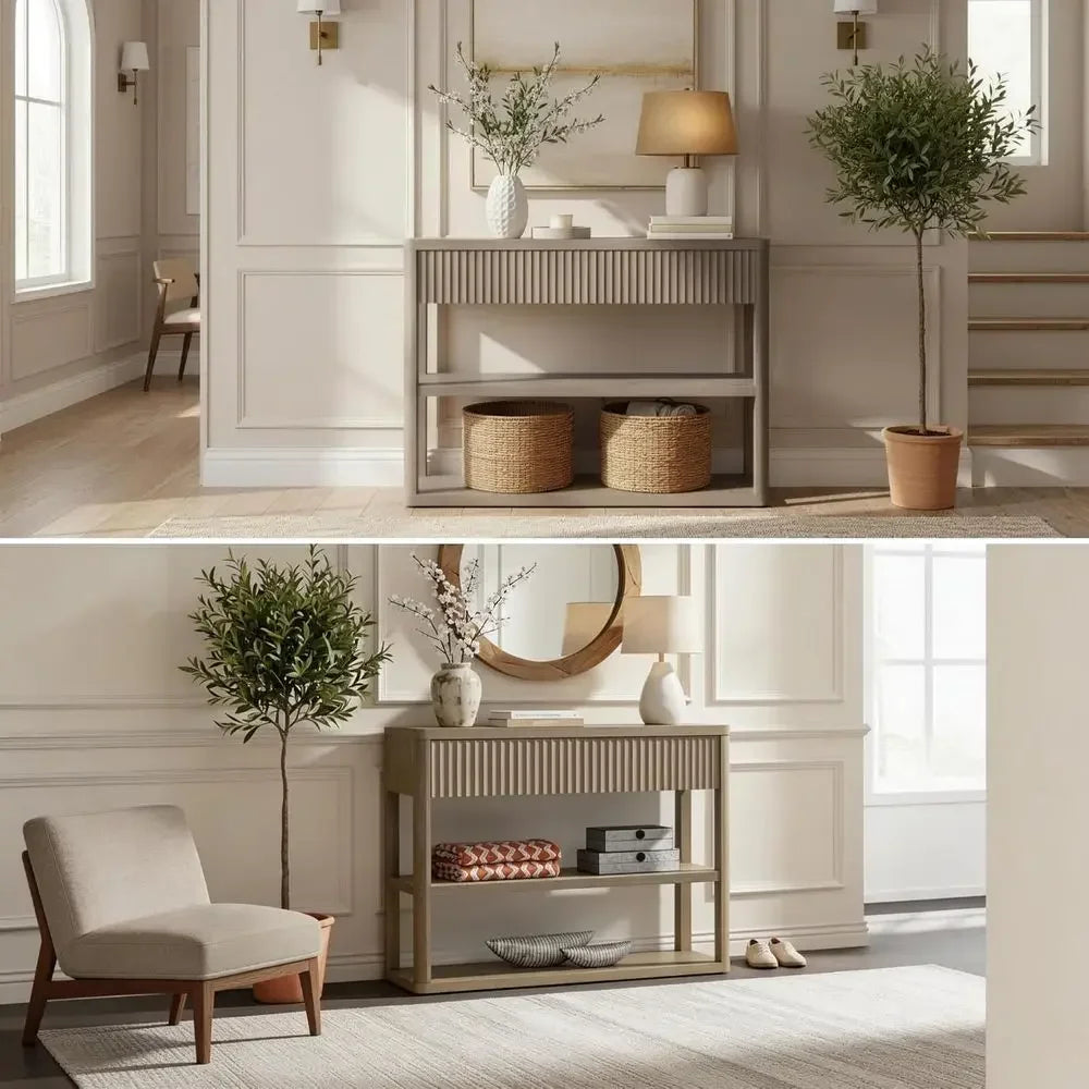 Entryway Table With Storage And Two Drawers And Two Tier Shelves For Living Room