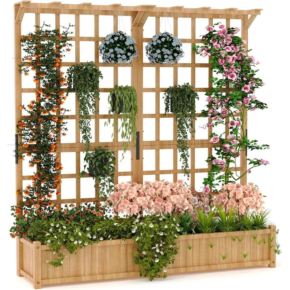 Elevated Outdoor Wooden Planter With Trellis For Flowers And Veggies