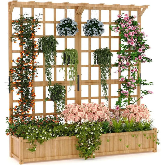 Elevated Outdoor Wooden Planter With Trellis For Flowers And Veggies