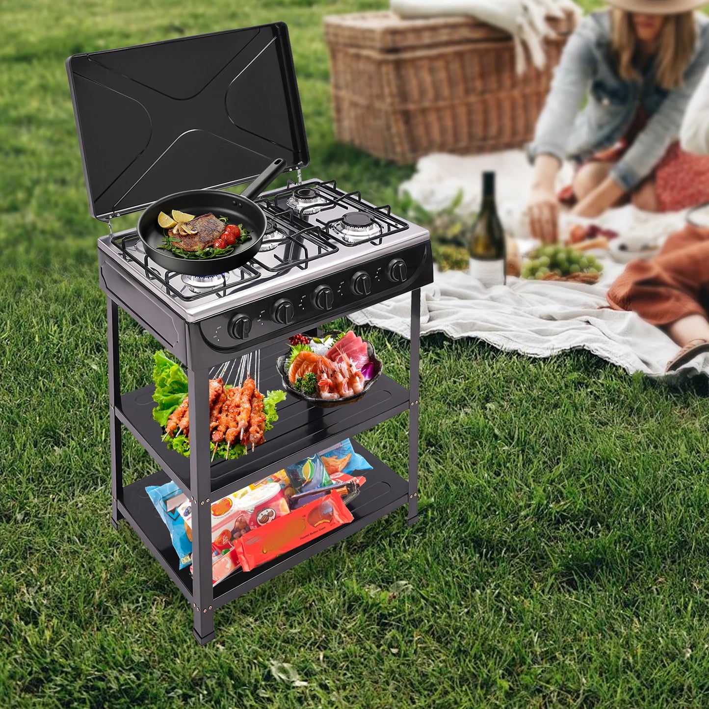 5-Burner Outdoor Natural Gas Stove, 2.5KW Each Burner, Freestanding Camping Stove with Side Shelves & Cover, Manual Ignition