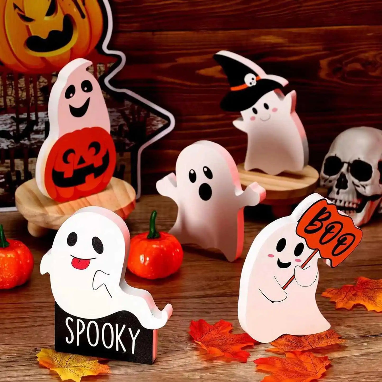 2 Sets Pumpkin Ghost Table Sign Cute Ghost Table Sign Festival Decoration PVC Spooky Desk Ornaments Table Sign for Theme Party
