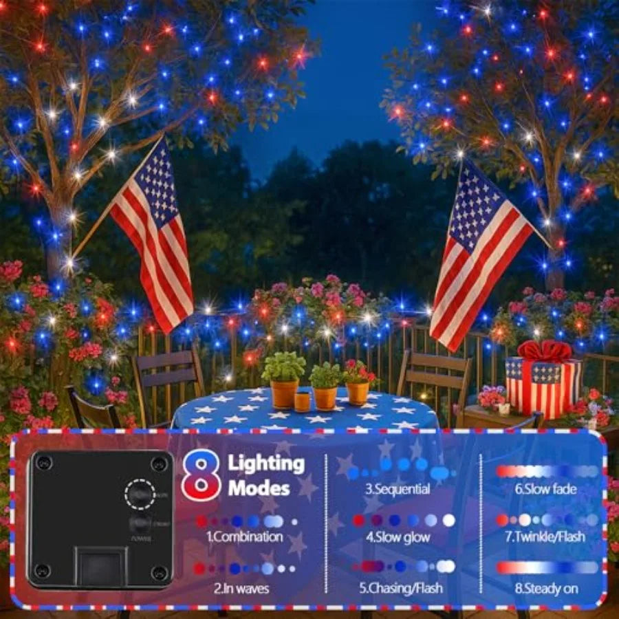 Solar String Lights 30LED Patriotic Outdoor Waterproof With 8 Modes
