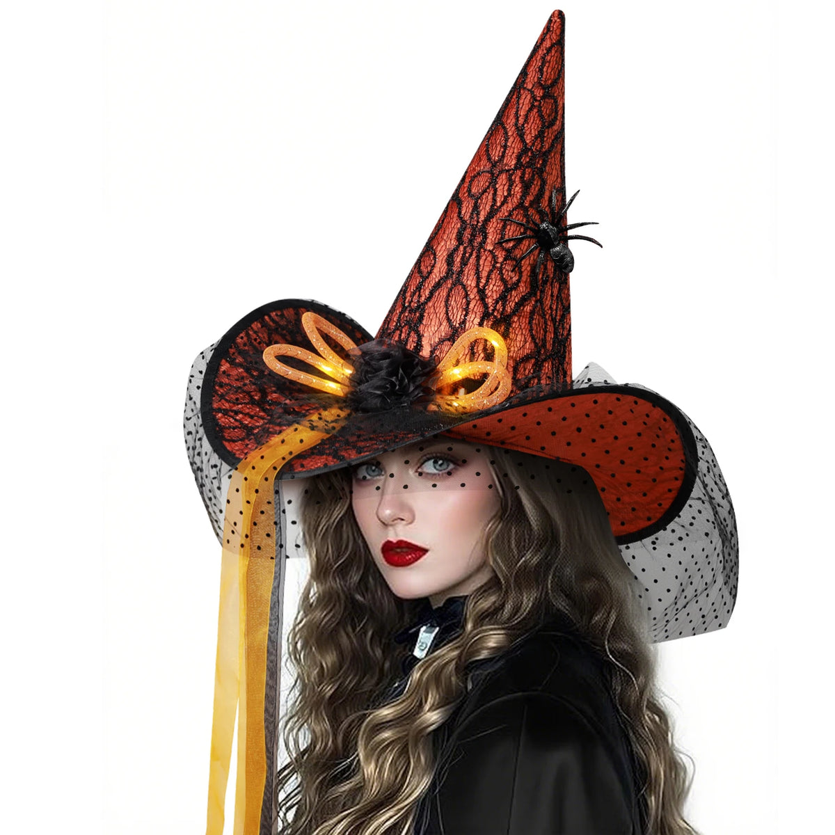 Women's Halloween Witch Hat with Lace, Feather and LED Decor