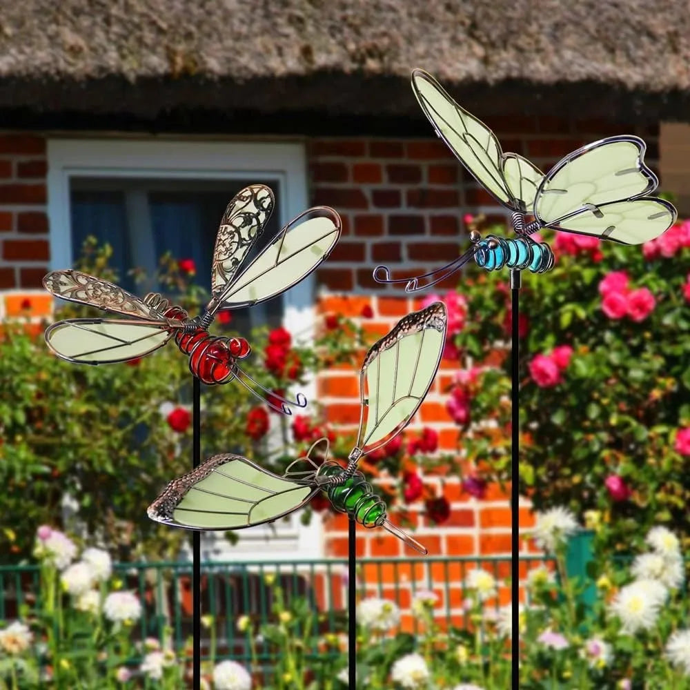Glow In The Dark Butterfly Dragonfly Hummingbird Garden Stakes Set