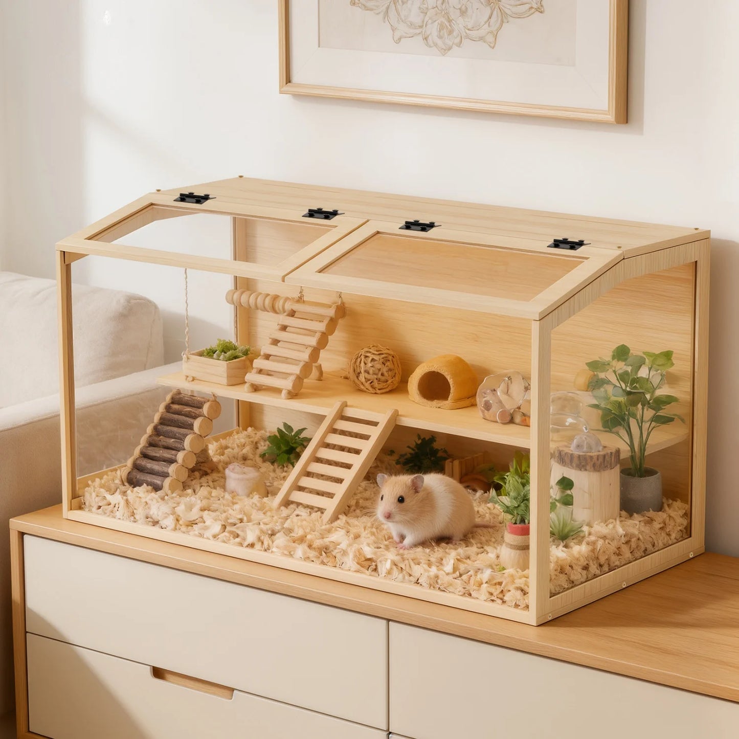 60/80/100/CM Hamster Cage Chewproof Wooden Guinea Pig Cages Habitat House Tempered Glass Panels Built-in LED Light for Small Pets