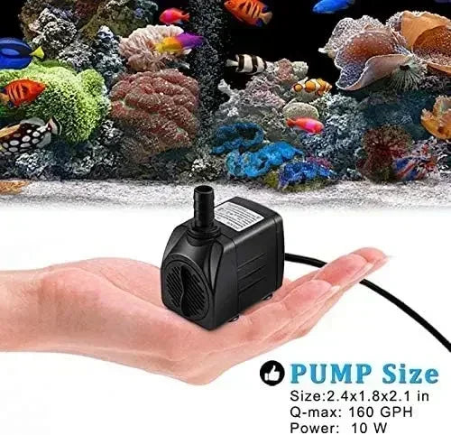 Small Submersible Pump (160GPH 10Watt), Ultra Quiet Fountain Pump (600L/H) with 3.3 ft Tubing for Aquariums, Pond Fountain, Wate