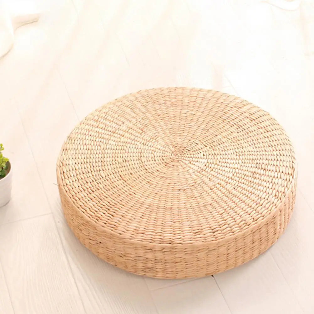 Non-Slip Bottom Round Tatami Cushion-Handmade Straw Weave Floor Pillow for Meditation Yoga Zen Room Kids Play Area Decor