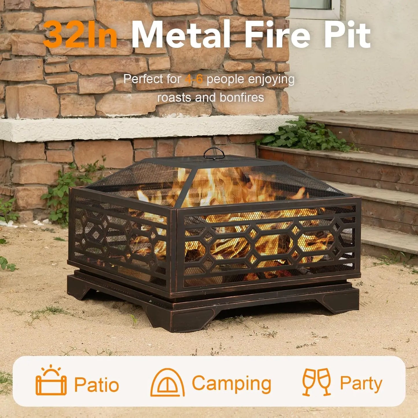 Outdoor Wood Burning Fire Pit Square Metal With Mesh Cover