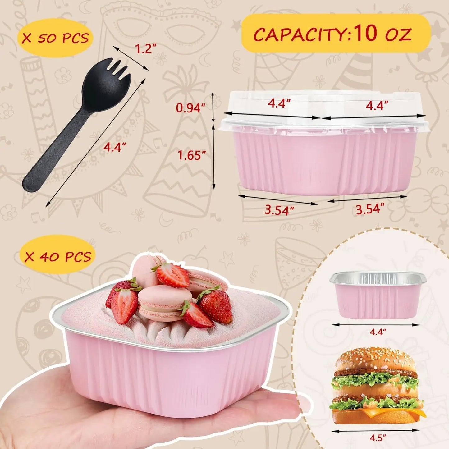 `10 Oz Aluminum Foil Baking Cups with Lids and Sporks, 100 Pcs Disposable Ramekins for Dessert Cake BBQ Meal Prep`