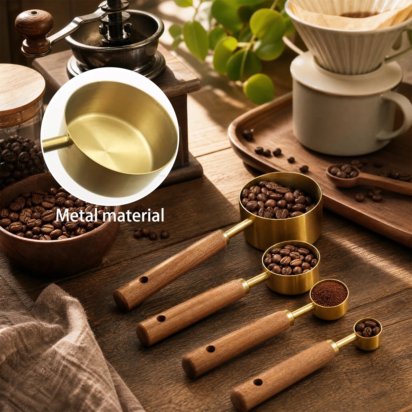 Measuring Cups and Spoons Set, Stainless Steel Measuring Set with Wood Handle for Baking Cooking Coffee