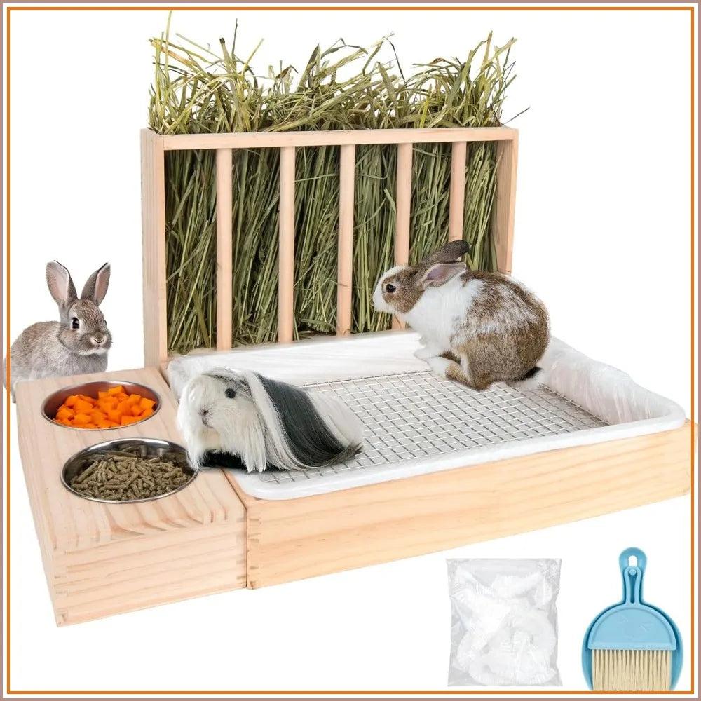 3 In 1 Rabbit Hay Feeder With Litter Box, Upgraded Wooden Hay Feeder Set For Guinea Pig Chinchilla Bunny, Quick Cleaning & Large Capacity