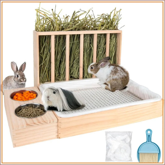 3 In 1 Rabbit Hay Feeder With Litter Box, Upgraded Wooden Hay Feeder Set For Guinea Pig Chinchilla Bunny, Quick Cleaning & Large Capacity