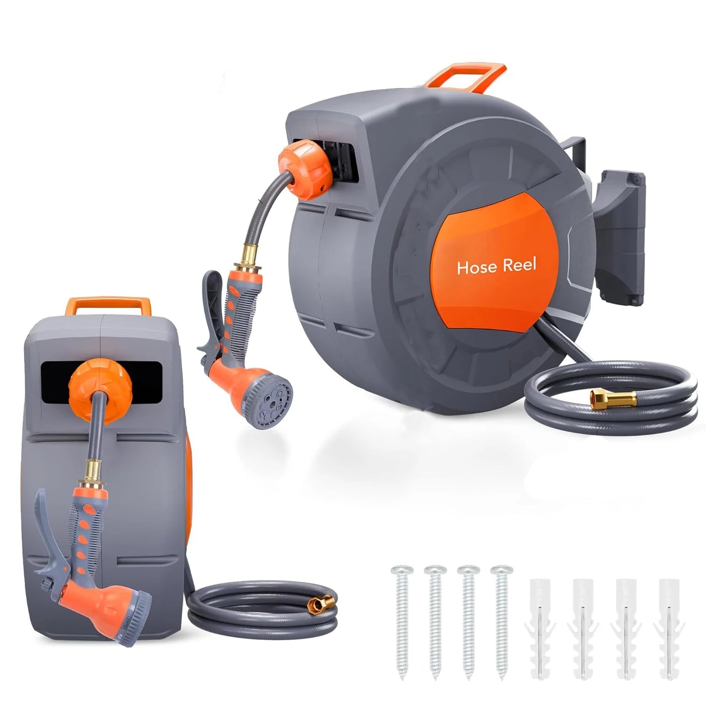 Water Hose Reel with Automatic Rewind, Retractable Garden Hose with Any Length Lock,1/2 in x 65 ft Retractable Garden Hose Reel with 9 Function Sprayer