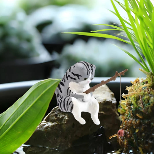 Cute Fishing Cat Figure Fish Landscaping Cartoon Cat Statue Sitting Fishing Little Cat Ornament Aquarium Decoration