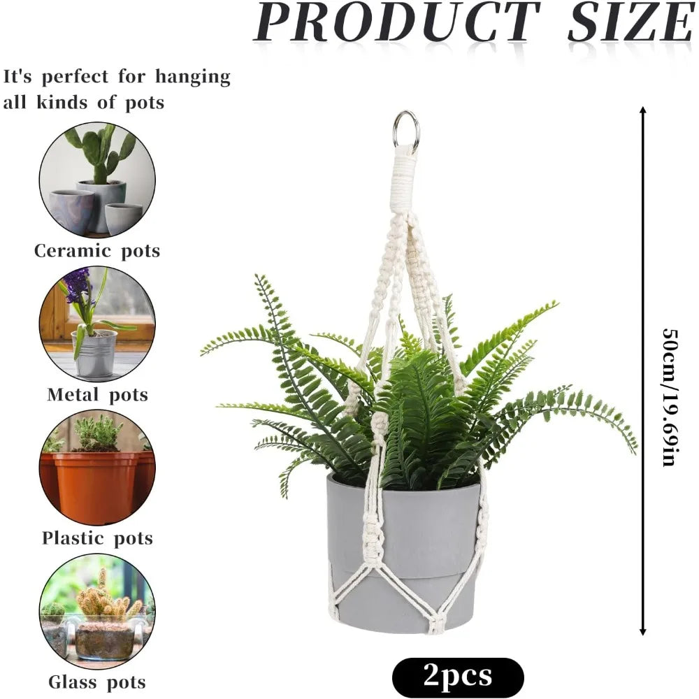 Boho Macrame Plant Hanger 2 Pack, 20" Ivory Cotton Rope Hanging Planter Basket with Metal Hook Rings for Indoor Outdoor Decor