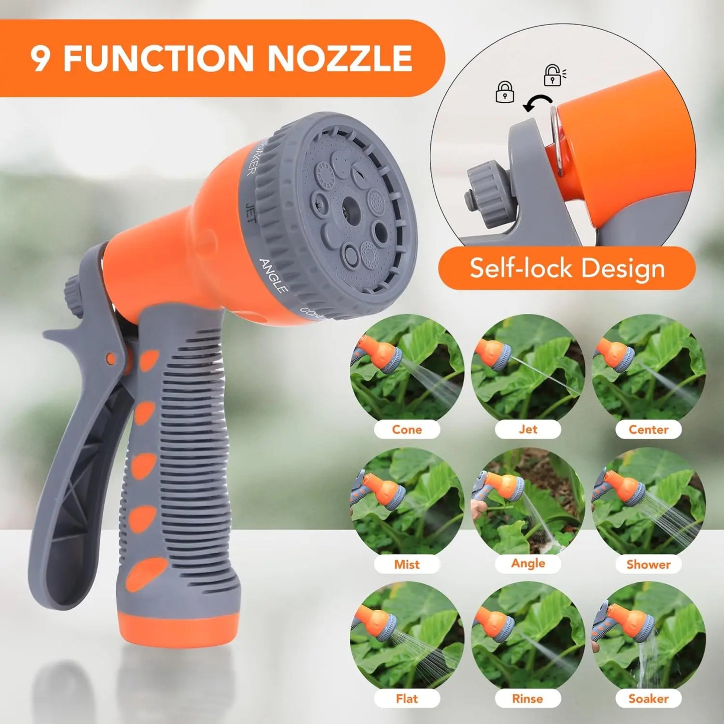Water Hose Reel with Automatic Rewind, Retractable Garden Hose with Any Length Lock,1/2 in x 65 ft Retractable Garden Hose Reel with 9 Function Sprayer