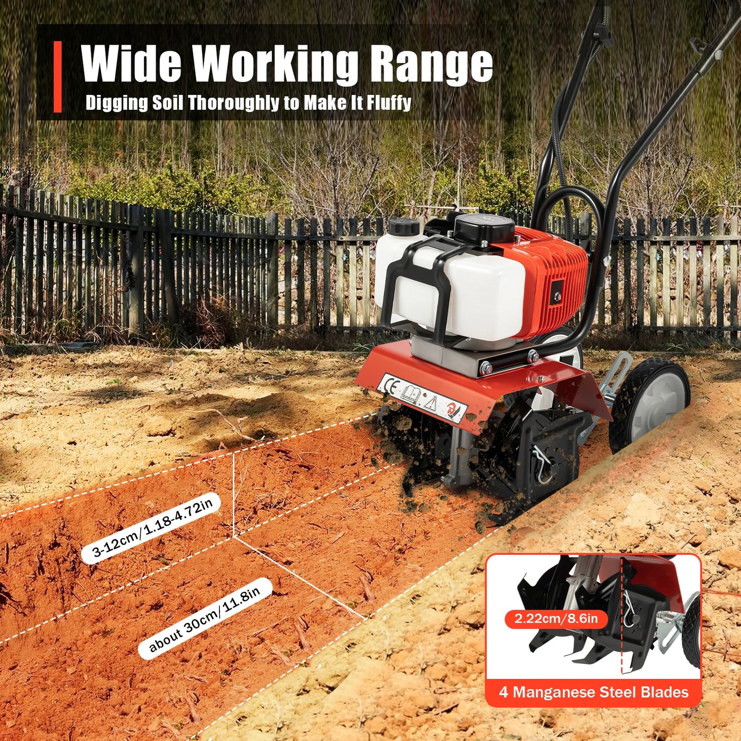 Bymaocar Gasoline Tiller 1.9kW 2-Stroke With 4 Blades